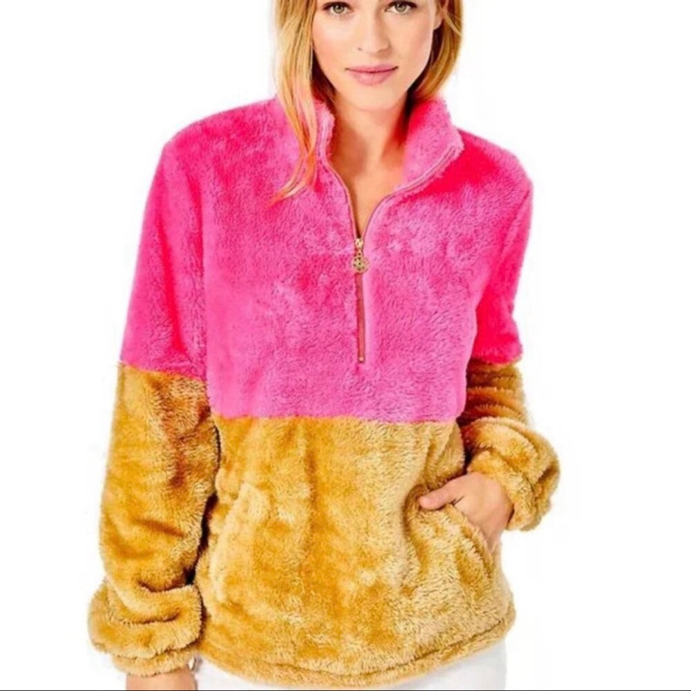 NWT Lilly Pulitzer | Keala Sherpa Popover | Neon Pink Colorblock Half-Zip | M